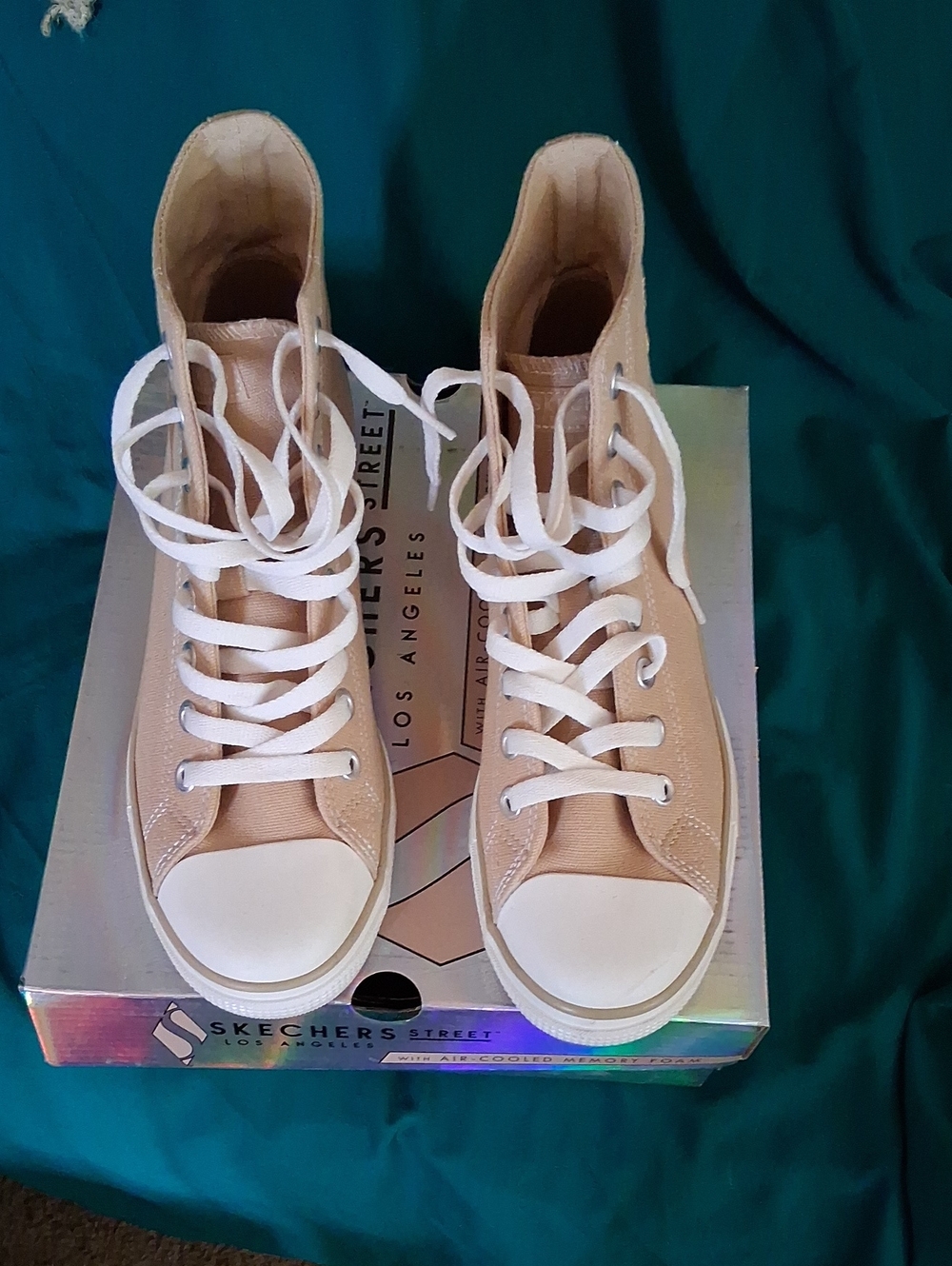 Skechers Beige High-Top Canvas Sneakers with White Laces